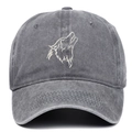 Detailed view of wolf head embroidery on dark grey washed cotton baseball cap - Adjustable / Gray