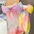 Girl's rainbow gradient mesh bow hair clip with pearl flower and metal chain tassel - Set Rainbow And Purple With Chain