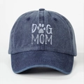 Navy blue washed denim baseball cap featuring Dog Mom embroidery with paw print - One Size / Navy Blue
