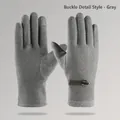 Winter thermal grey rabbit wool touch screen gloves with elegant wrist buckle design - Men's Buckle Style - Rabbit Hair Grey