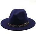 Detail of dark blue wool fedora with leopard print band and golden metal buckle - M (56-58cm) / Navy Blue