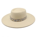 Classic beige wide-brim wool felt fedora with geometric patterned jacquard band - M (56-58cm) / Beige