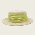 Beige boater straw hat with avocado green pleated fabric ribbon for summer sun protection - M / Beige with Green Ribbon