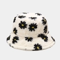 Cappello da pescatore in ecopelliccia bianco crema con motivi floreali di margherite - M (56-58cm) / Beige con Margherite Bianche/Nere (1#)