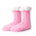 Detail of pink knitted thermal slipper socks with soft white faux fur trim and warm lining - One Size / Pink Cable Knit