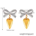 Titanium steel silver bow earrings with gold heart pendants, 2.7CM height pair - F1518 / Steel Gold