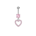 Silver belly button ring with a sparkling pink heart-shaped zircon pendant and stones - Dangle Heart Belly Ring