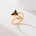 Gold plated open ring featuring black marquise stones clover and sparkling zircon leaf - Black Stone Clover (JZ025)