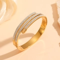 Detail of gold titanium bracelet featuring pave white diamonds and an oval cat-eye stone - Gold Full Diamond Three-Layer Style (M609)