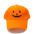 Orange Halloween baseball cap with pumpkin face print and curved brim in front view - Orange Pumpkin Face Print