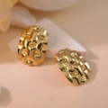 Golden oval stainless steel earrings with woven texture on a minimalist stone base - Woven Oval Gold (FYD6104)