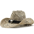 Handgefertigter Stroh-Cowboyhut mit Ethno-Band und silbernem Bullenschädel-Detail - M(56-58cm) / Beige Stierschädel Dekor Stil (01)