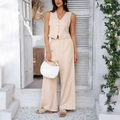 Beige two-piece set with sleeveless vest and wide-leg trousers featuring lace trim - S / Khaki