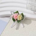 Exquisite pink and yellow handmade ribbon rose brooch with green leaves and bead chain - Pink