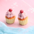 Macro view of mini resin cupcakes with pink cream and red berry detail for DIY crafts - Double Cream Cupcake - Yellow Base