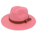 Detail of pink woven straw fedora featuring a brown leather band and metal rivets - Watermelon Red