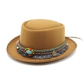 Close-up of wool fedora with bohemian woven band, colorful beads and turquoise stone - M (56-58cm) / Khaki