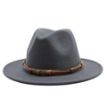 Dark gray wool felt fedora hat featuring a brown leather braid and bronze skull emblem - One Size 58cm / Dark Gray
