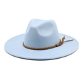 Detail view of light blue wide brim wool fedora hat with brown braided tassel band - M (56-58cm) / Sky Blue