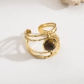 Golden hammered multi-strand open cuff bracelet with round tiger eye stone inlay - R01040-Gold Tiger Eye Hammered