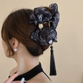 Detail of vintage Chinese hair claw clip with silk tassels and camellia flower ornament - 25# Claw Clip - Black Grey (With Camellia & Tassel)