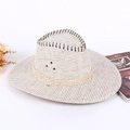 White woven western cowboy straw hat with black stitching and decorative rope detail - One Color / White