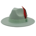 Close-up of a light green wool felt fedora featuring a ribbon and a striped feather detail - M (56-58cm) / Mint Green (Matching Feather)