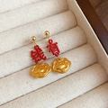 Elegant red and gold New Year earrings with Chinese characters and ruyi cloud motifs - 87# Fortune Character & Ruyi Style (HE29310) / Gold Red