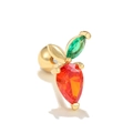 Carrot-shaped earring with orange pear-cut zircon and green leaves on golden screw-back stud - Carrot