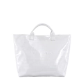White glossy faux-crocodile leather tote bag with embossed TOTE BAG text and large capacity - White
