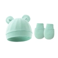 Detail of light green baby beanie with ears and matching anti-scratch mittens set - Hat And Gloves / Bean Green