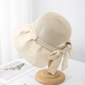 Elegant beige straw sun hat with large bow detail and black vinyl UV protection lining - Head Circumference 55-57cm (Adjustable) / Off-white (Vinyl Brim)