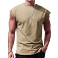 Front view of khaki men's casual sleeveless t-shirt with crew neck and heavy knit cotton fabric - Khaki