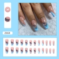 Faux ongles papillon bleus à coller avec strass brillants et forme cercueil longue - Style Papillon Bleu (Z668)