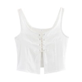 Minimalist white sleeveless crop top with front lace-up detail and ribbed texture for women - S / White