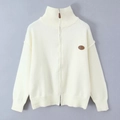 Chic cream-colored knitted cardigan with high collar and faux leather badge detailing - S / Off White