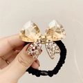 Luxurious champagne crystal bow hair tie with high elastic black band and rhinestones - Champagne