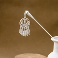 Close-up of silver hollow hairpin with leaf pendants in a ceramic vase display - Dreamcatcher Leaf Tassel (F369)