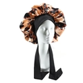 Champagne leopard print satin bonnet with adjustable black wide elastic tie straps - Gold Leopard