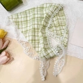 Green and white checkered lace headscarf with floral ribbon ties and vintage pastoral style - Plaid Lace Trim / Plaid Green