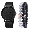 Men's minimalist black quartz watch set with marble and volcanic stone crown bracelets - Black Watch + Bracelets Set