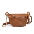 Vintage brown PU leather waist bag with gold chain and zipper tassel detail - Brown
