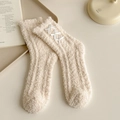 Beige coral fleece socks with white bow detail, warm plush sleeping socks for winter - One Size / Beige