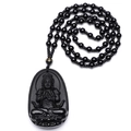 Carved black obsidian Buddha pendant necklace with matching beads and gold mantra charm - Goat/Monkey (Vairocana) - Pendant Only