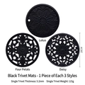 Set of 3 black circular heat-resistant silicone trivets with hollow floral patterns, 20cm - 18cm Single (Lotus) / Black