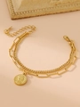 Detail of double-layer gold chain bracelet with Queen Elizabeth coin pendant and paperclip link - Gold Queen Double Layer Pendant Bracelet