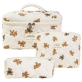 Beige quilted cotton makeup bag set with cute bear print and soft striped pattern - Mama Bear Style