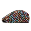 Colorful woven newsboy cap with vibrant geometric knit texture and classic brim style - Back Buckle Style / Dark Blue