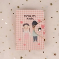 Pink plaid PU card holder with cartoon couple illustration and snap button closure - Couple Red