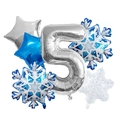 Close-up of silver number 5 foil balloon with blue snowflakes for party decor - Matte Snowflake Number 5 Set
